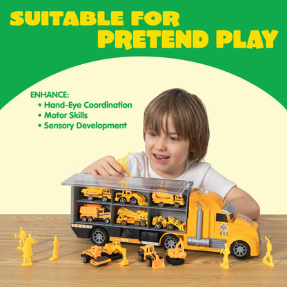 JOYIN 25 in 1 Kids Construction Truck Toy Set, 24Pcs Push and Go Cars and Worker Figures, Toddler Play Vehicles with Sounds and Light, Christmas Birthday Gifts Toys for 3 4 5 6 7 Years Old Grandkids