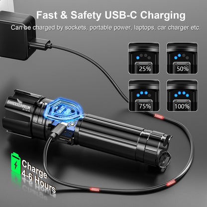 Shadowhawk Rechargeable Torch, 500000 Lumen Torches LED Super Bright, 5000 mAh Long Lasting, Adjustable Focus, IP67 Waterproof, 5 Modes, Powerful Handheld Flashlight for Power Cuts, Camping, Emergency