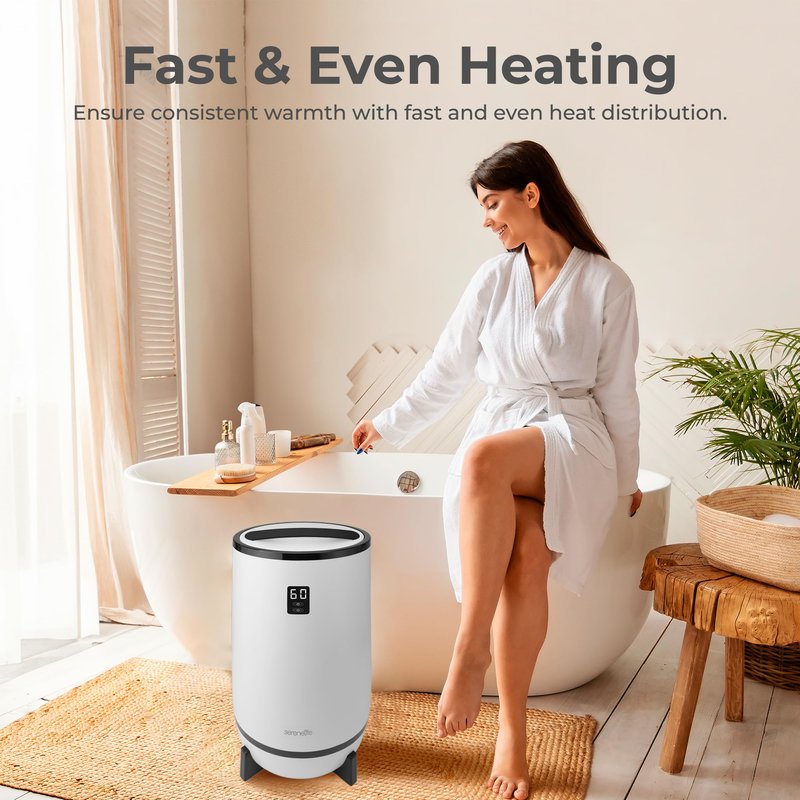 SereneLife Towel Warmer Bucket Style – Portable Blanket Heater for Spa and Bathroom, Large Capacity, Customizable Fragrance, Auto Shut-Off, Fits 2 Large Towels or Blankets, One-Touch Control, Black
