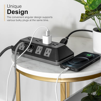 GE UltraPro Adapt 12-Outlet Surge Protector, 6ft Braided Heavy Duty Extension Cord, Flat Plug Power Strip, 3540 Joules, Black, 74542
