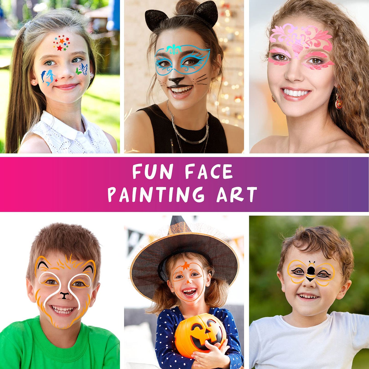 Containlol 40 Pcs Halloween Face Paint Stencils Face Painting Kit Include 30 Pumpkin Paint Stencils Masquerade Painting Stencil Bat Face Stencils 10 Paint Brushes for Face Drawing Makeup Holiday Party