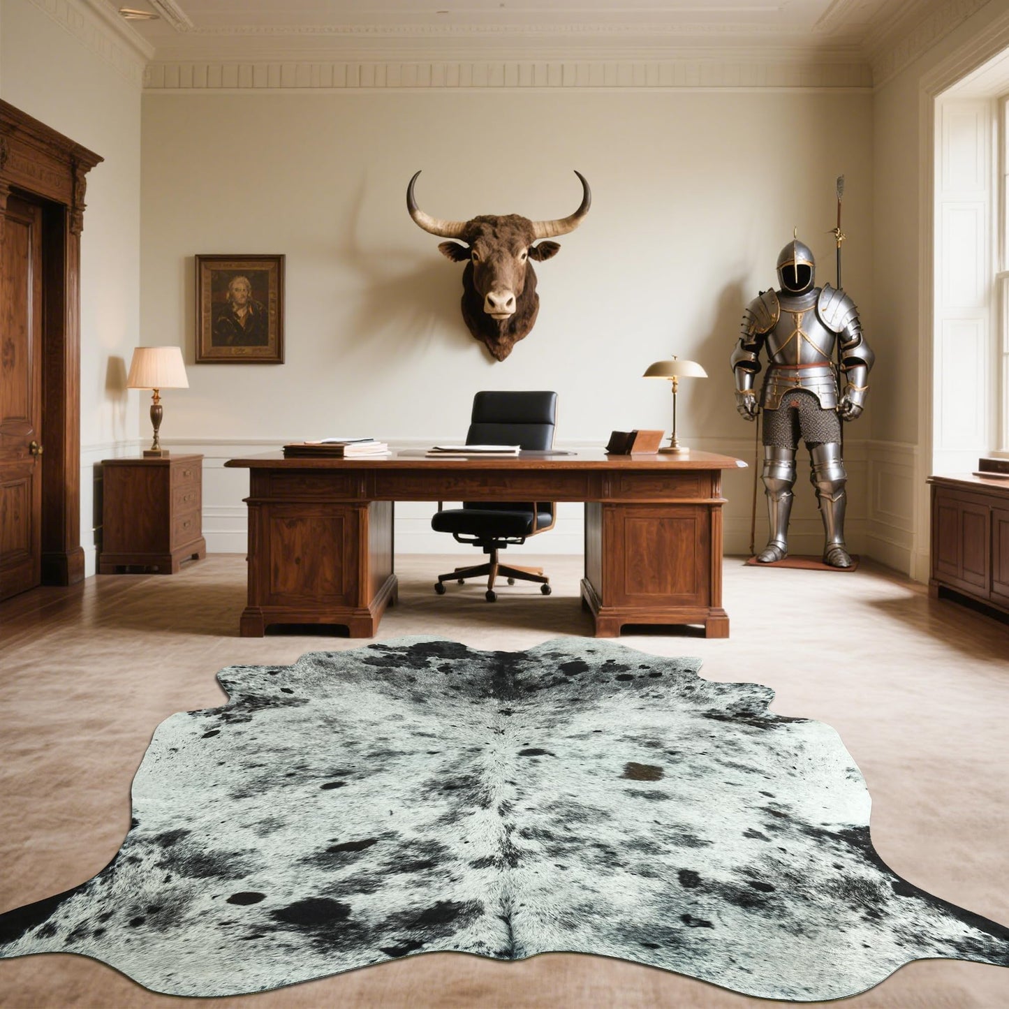 SUNYIWEI Faux Cowhide Rug, 5.2 x 6.2 ft Cowhide Rug for Living Room, Bedroom, Wall - Non-Slip,Gray White Black