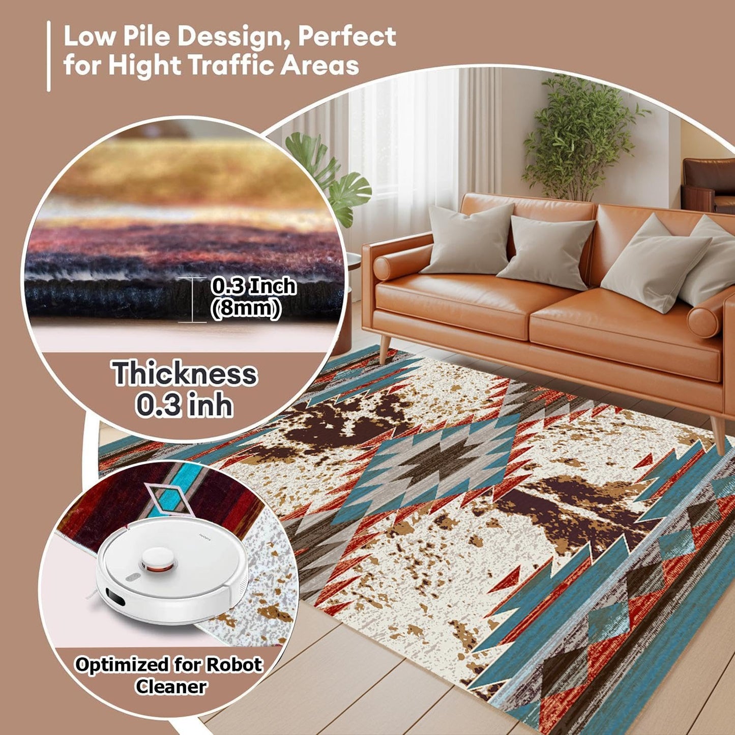 Combo Southwest Area Rug and Non-Slip Rug Tape for Living Room, Bedroom Dining Room, Laundry 3x5 ft Southwestern Rugs Runner Geometry Aztec Carpet, Native Tribal American Indian Inspired Rug