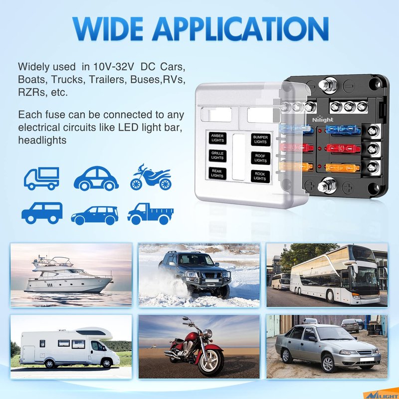 Nilight - 50055F 6 Way Blade Screw Fuse Block 6 Circuits with Negative Bus Fuse Box Holder with LED Indicator ATO/ATC Fuse Panel Waterproof Cover for 12V Automotive Cars Marine Boats RVs Trailers