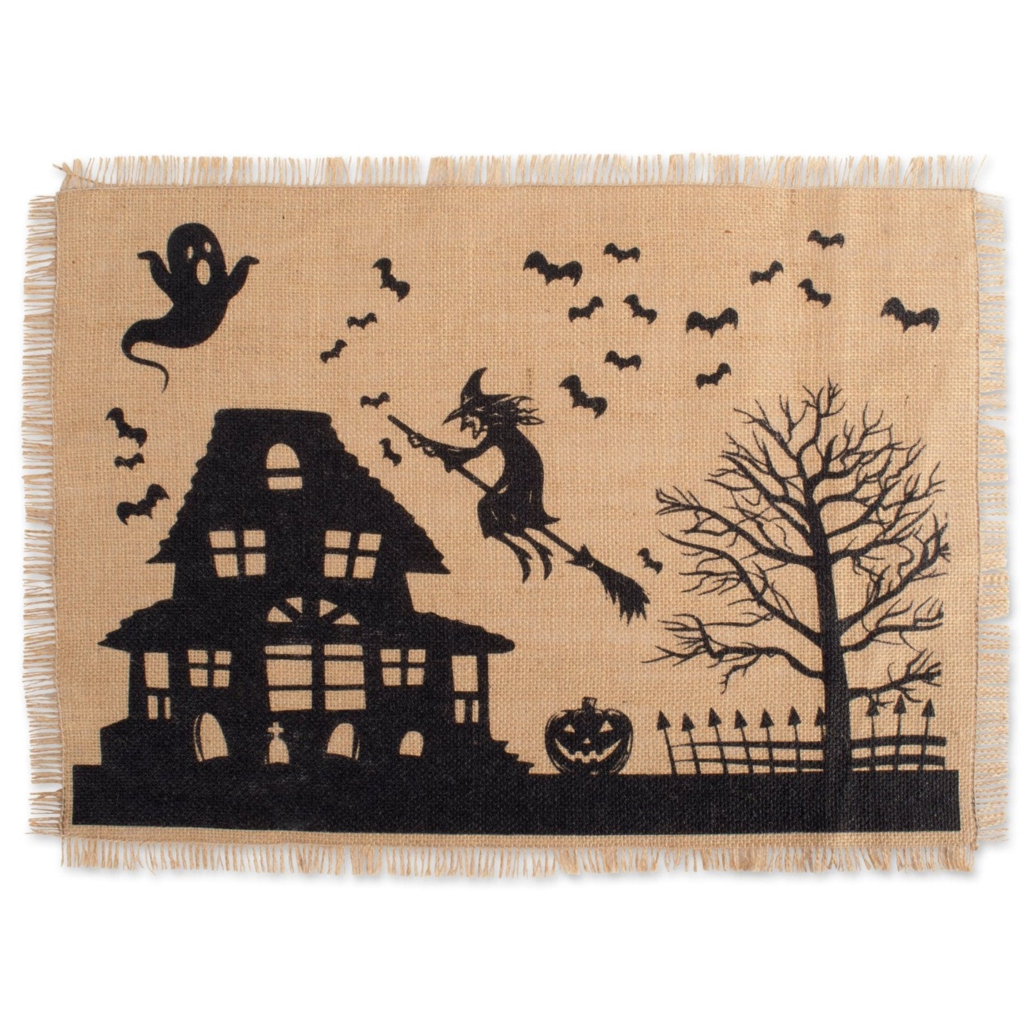 DII Halloween Primitive Style Burlap Tabletop Décor, Spooky Haunted House Jute, Placemat Set, 13x19, Black & Tan, 4 Count