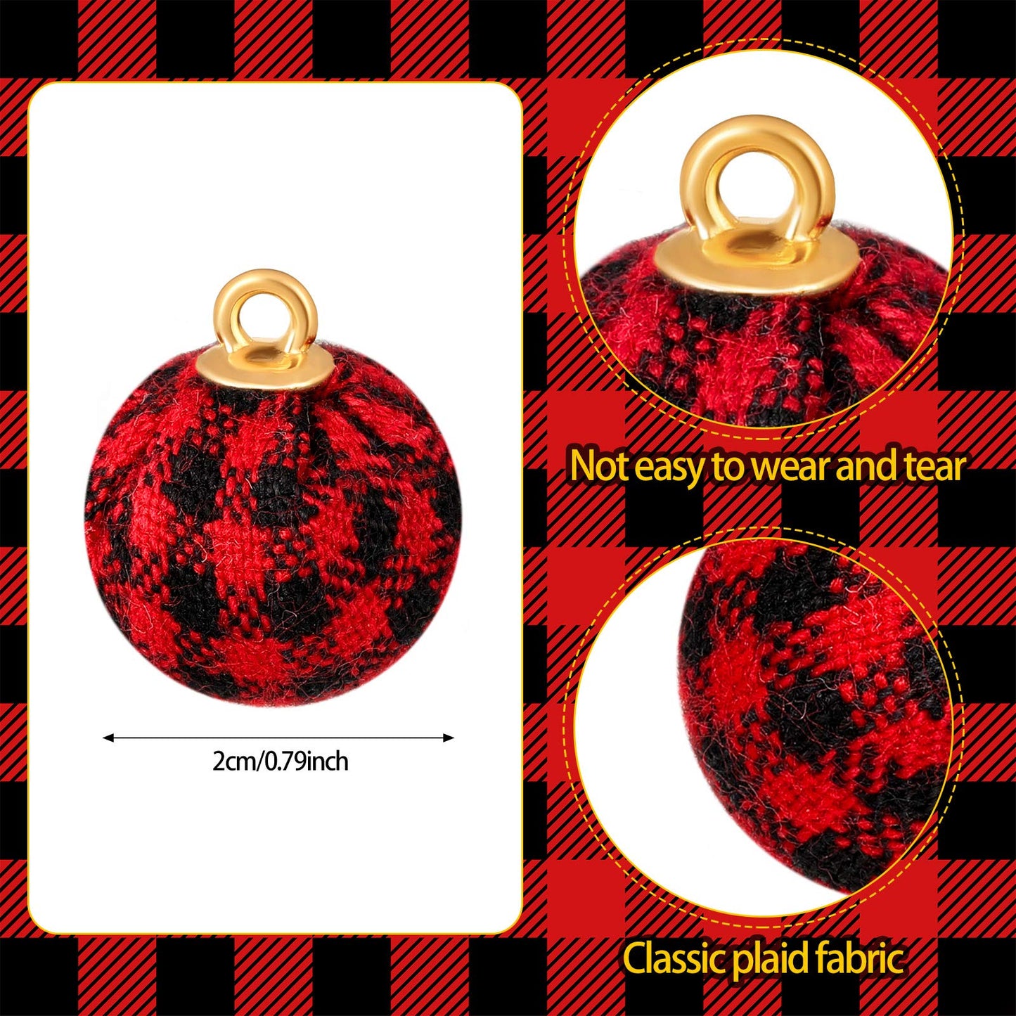 WILLBOND 36 Pieces Mini Christmas Balls Ornaments Red and Black Buffalo Plaid Christmas Hanging Ornaments 0.8 Inch Shatterproof Small Xmas Tree Fabric Ball Wreath Pendant for Holiday Party Decorations