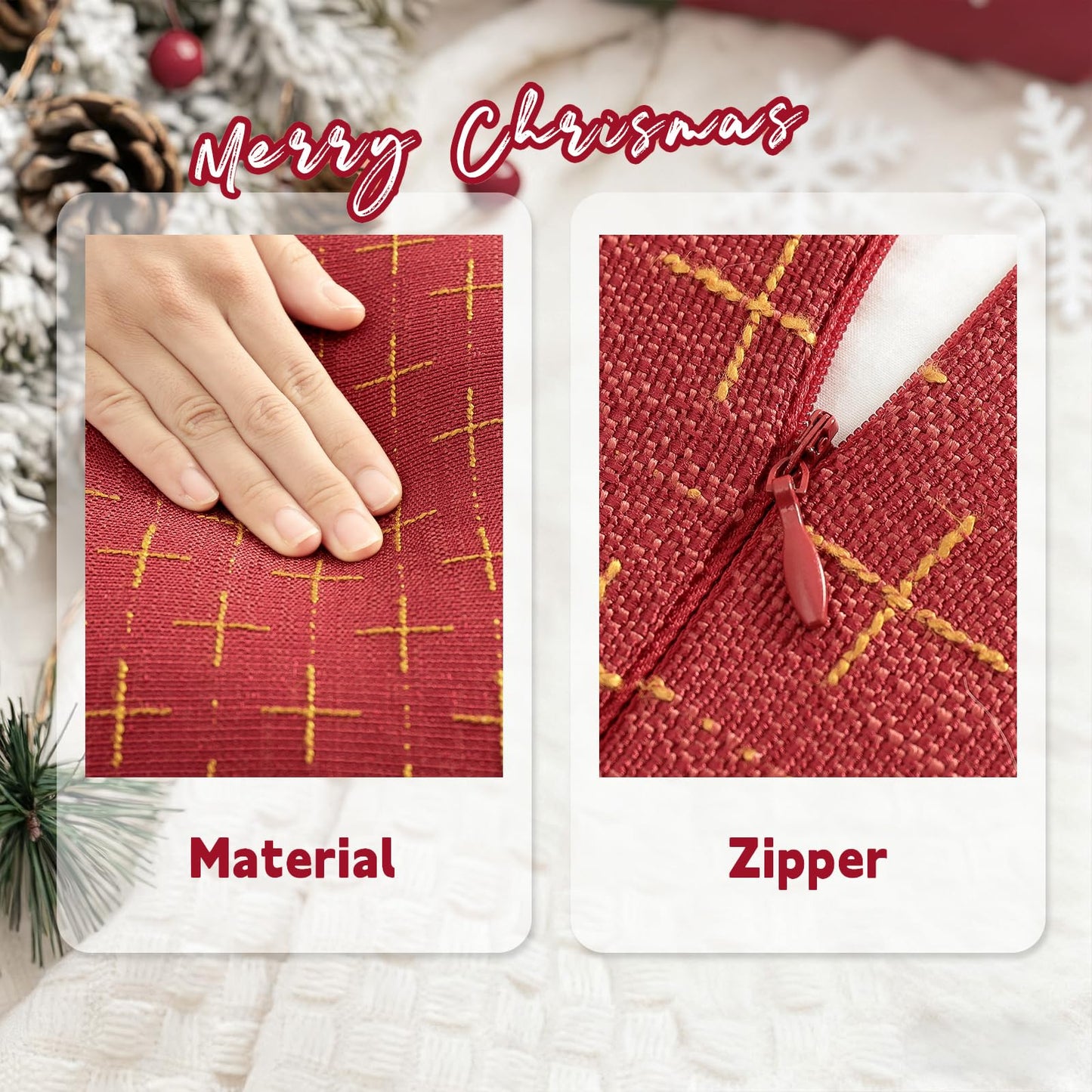 ZWJD Christmas Pillow Covers 18x18 Set of 2 Soft Polyester Textured Pillows with Stylish Flange Edge Cozy Farmhouse Christmas Decor for Couch Bed Sofa Living Room (Red)