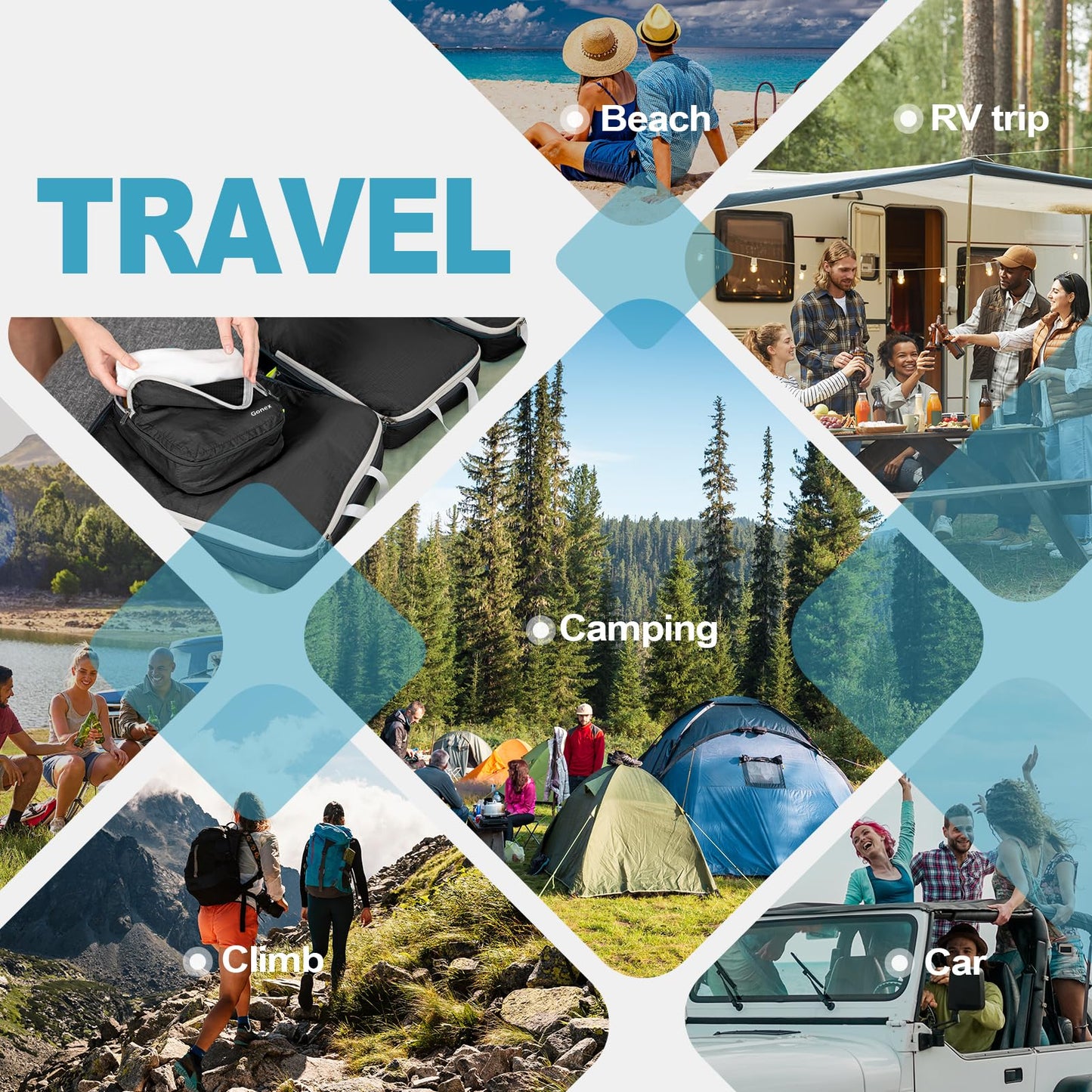 Gonex Compression Packing Cubes, 4pcs Expandable Storage Travel Luggage Bags Organizers(Black)