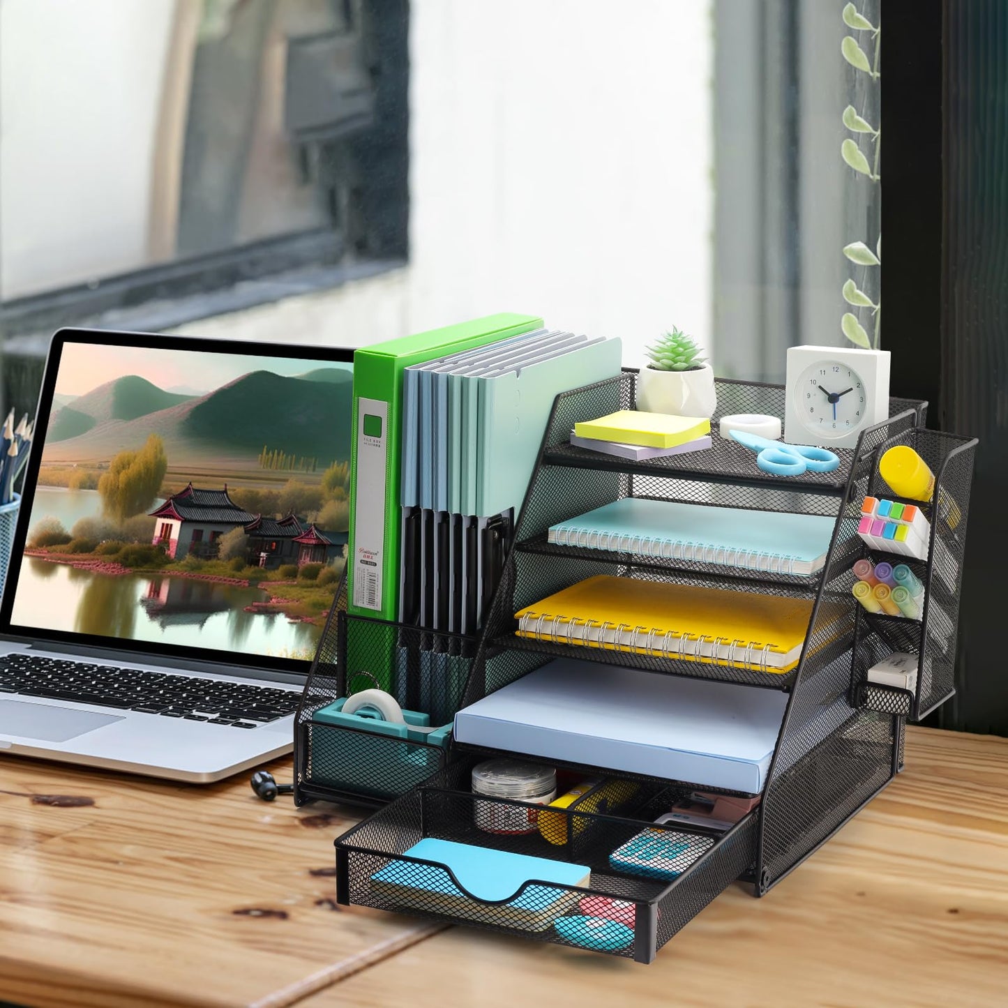 GALASALA Mesh Desk Organizer, 5 Tier Paper Letter Tray with Extra Vertical File Sorter, Sliding Drawer and Pen Holders for Desk Accessories Office Supplies, Black