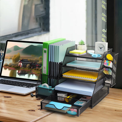 GALASALA Mesh Desk Organizer, 5 Tier Paper Letter Tray with Extra Vertical File Sorter, Sliding Drawer and Pen Holders for Desk Accessories Office Supplies, Black