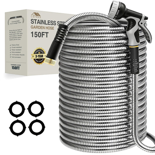 Lefree 150ft Stainless Steel Garden Hose - No-Kink Leak-Proof Crush Resistant, with Upgraded Protective Rubber Sleeve, 10-Function Nozzle for Lawn Care, RV Camp, Long-Distance Yard Watering