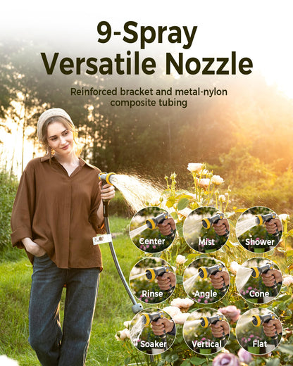 GLAHODEN Retractable Garden Hose Reel 1/2 in x 130 ft, 2025 Upgraded Dual Ratchet Lock UV & Freeze Protection Brass Seal Slow Retraction Anti-Tangle Hose 180°Swivel Reinforced Scaffold Wall Mount