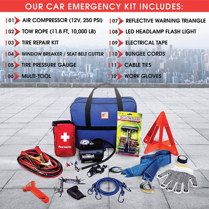 Car Emergency Kit with Air Compressor, Jumper Cables, First Aid, Tow Strap, Tire Gauge, Headlamp – Roadside Safety Kit for Women, Men, Teens