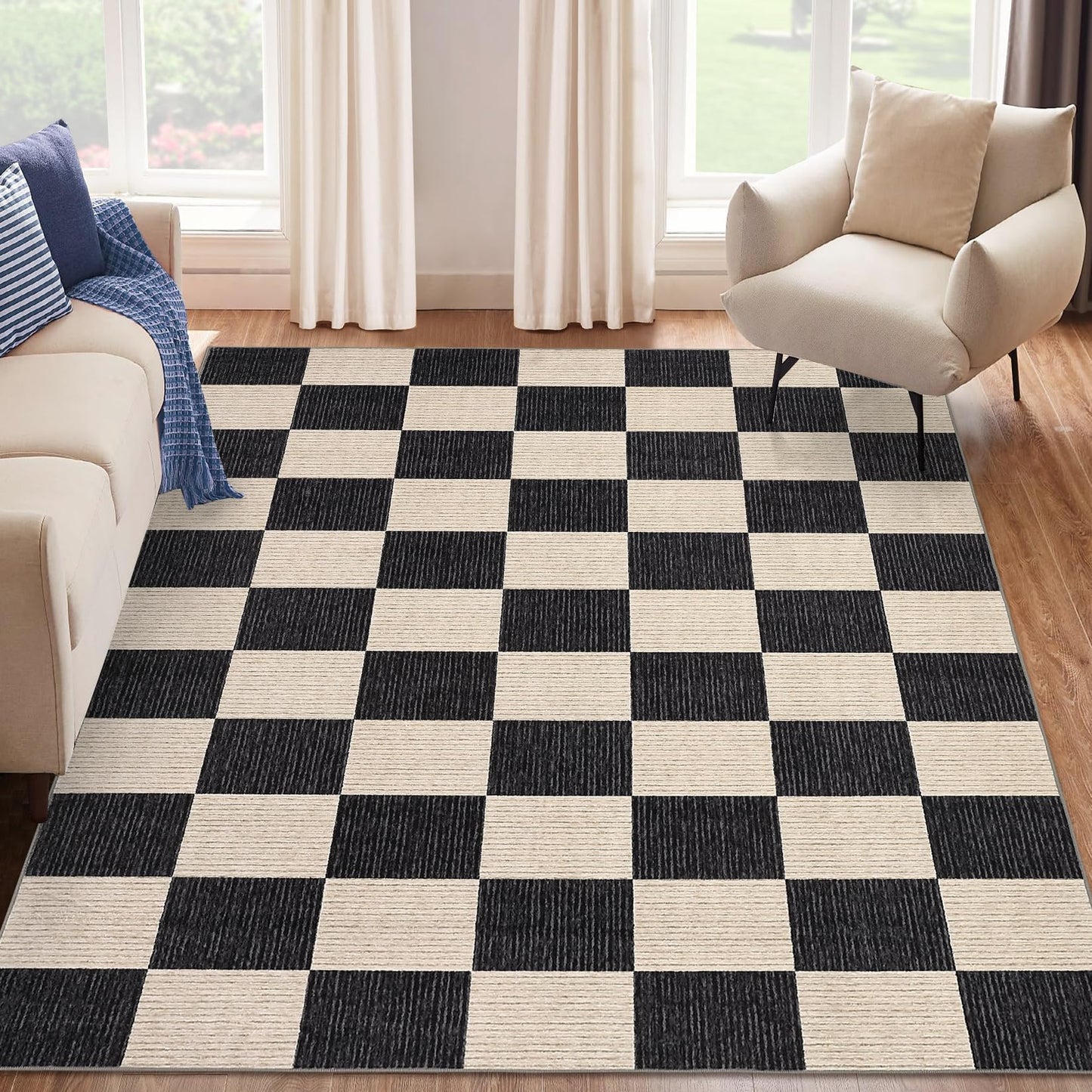 Garvee Modern Checkered Rug 5x7 Area Rugs for Living Room Washable Rugs Bedroom Rug Stain Resistant Non Slip Floor Cover for Dining Room Office Nursery Not Braided, Black