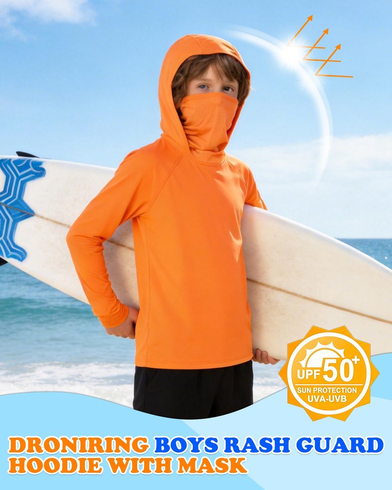 DRONIRING Boys Hooded Fishing Shirt with Mask, Kids UPF 50+ Long Sleeve Rash Guard Hoodie, Sun Protection Beach Swim Shirts Orange