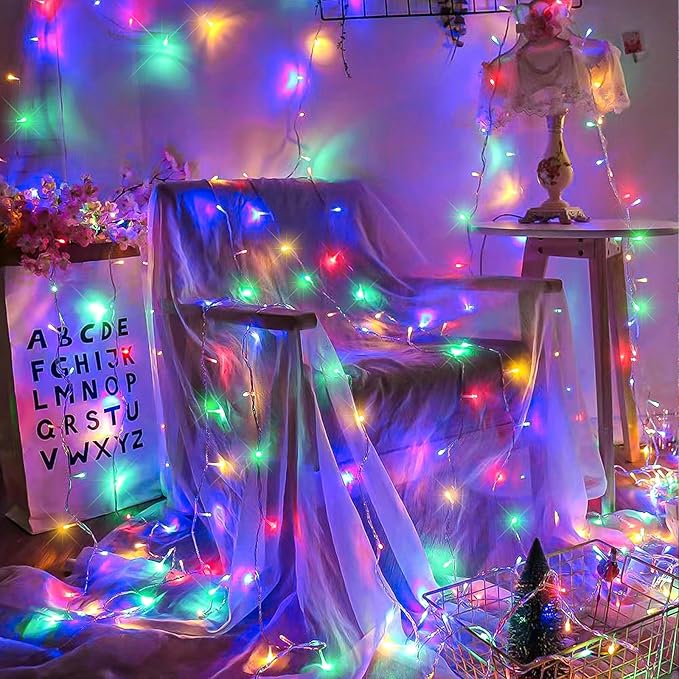 120 LED Christmas Lights Outdoor Indoor 40ft Christmas String Lights 8 Modes Clear Wire Plug in Twinkle Fairy Light for Bedroom House Holiday Party Christmas Tree Decorations, Multicolor