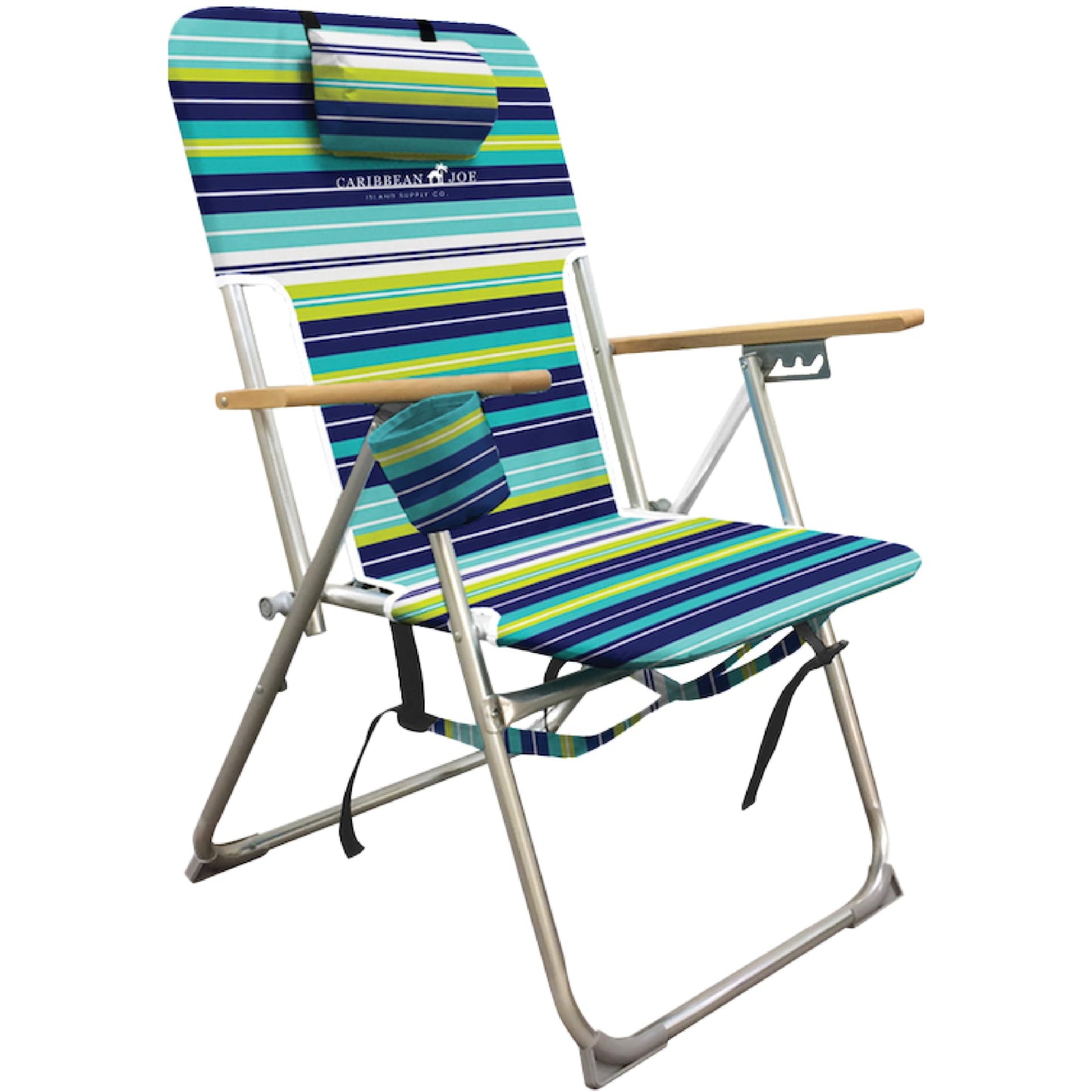 Caribbean Joe Folding Beach Chair, 4 Position Portable Backpack Foldable Camping Chair with Headrest, Cup Holder, and Wooden Armrests, Blue and Lime Stripe
