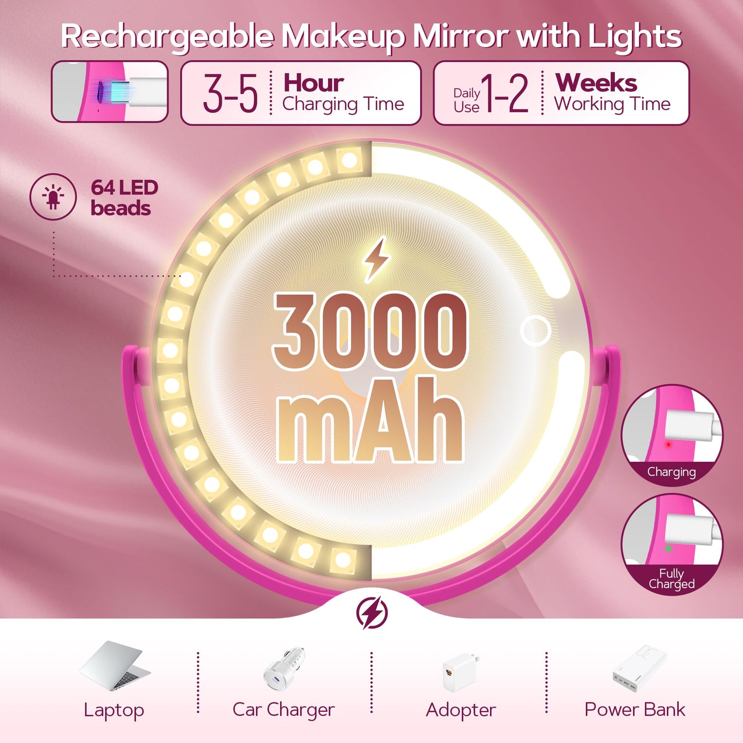 B Beauty Planet Makeup Mirror with Lights, Lighted Magnifying Mirror 30X with 3 Lighting and Adjustable Brightness, 2-Sided Height Adjustable Vanity Mirror for Bathroom, Gifts for Women White