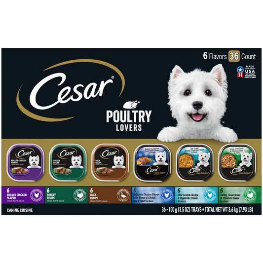 Cesar Wet Dog Food Poultry Lovers Variety Pack with Real Chicken, Turkey and Duck, 3.5 oz. Easy Peel Trays (36 Count, Pack of 1)