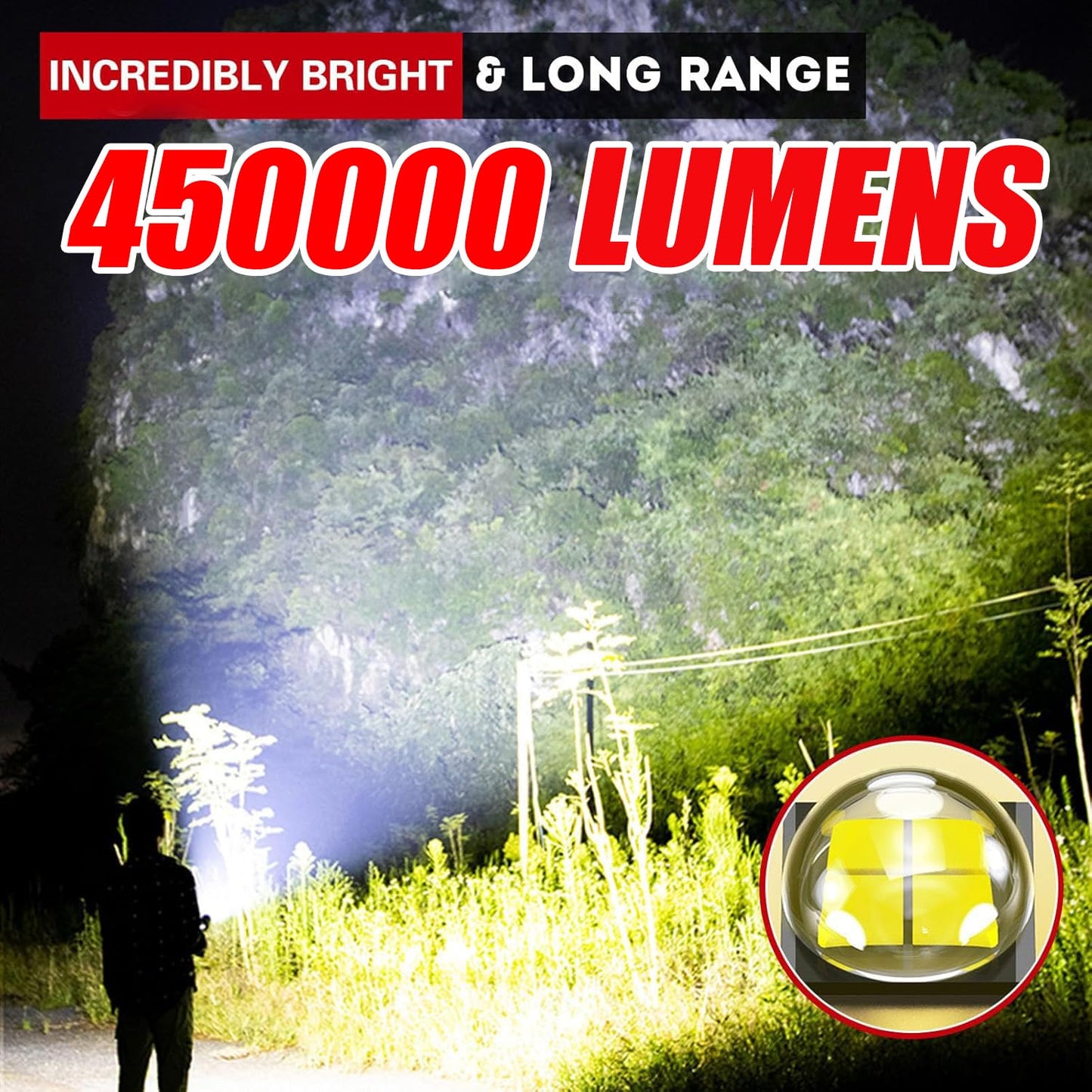 Shadowhawk Torches LED Super Bright, Rechargeable LED Torch P70 450000 Lumens Powerful Flashlight Rechargeable Battery Torch for Dog Walking Hiking Emergency Gift