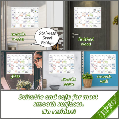 JJPRO Non-Magnetic Reusable Monthly Calendar Whiteboard Clings to All Smooth Surfaces. Monthly Planning Board for Refrigerator, Cabinet,Door&Stainless Fridge, 6 Markers Included!