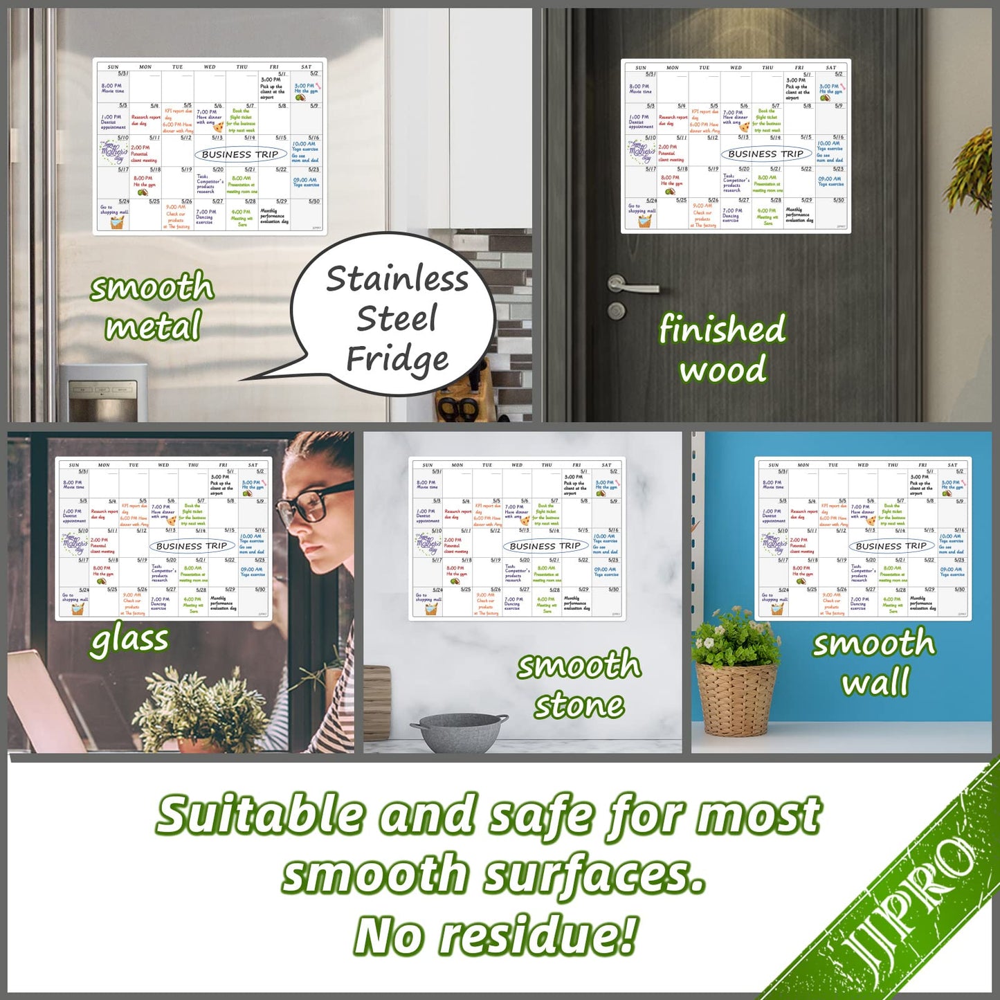 JJPRO Non-Magnetic Reusable Monthly Calendar Whiteboard Clings to All Smooth Surfaces. Monthly Planning Board for Refrigerator, Cabinet,Door&Stainless Fridge, 6 Markers Included!