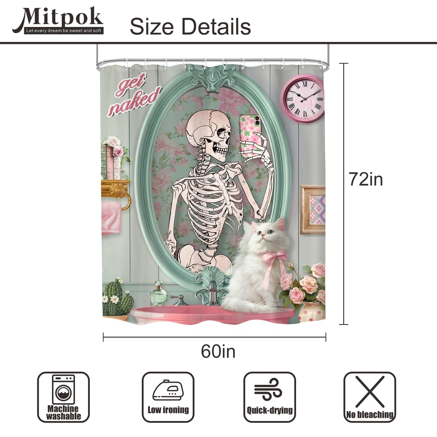 Mitpok Funny Skull Skeleton Shower Curtain 60Wx72H Cute Cat Retro Kitten Animal Gothic Fun Floral Fashion Bathroom Decor Halloween Unique Cool Horror Scary Bath Curtain Fabric Polyester 12 Pack Hooks