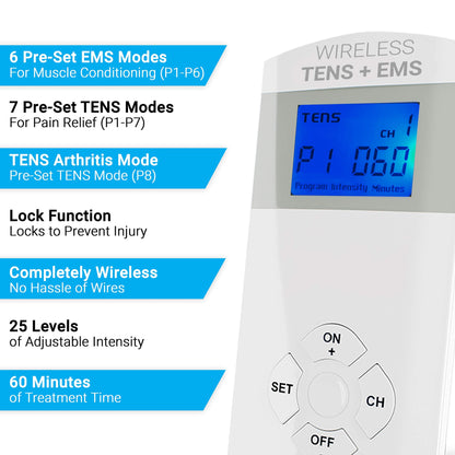iReliev Wireless TENS + EMS Therapeutic Wearable System Wireless TENS Unit + Muscle Stimulator Combination for Pain Relief, Arthritis, Muscle Conditioning, Muscle Strength
