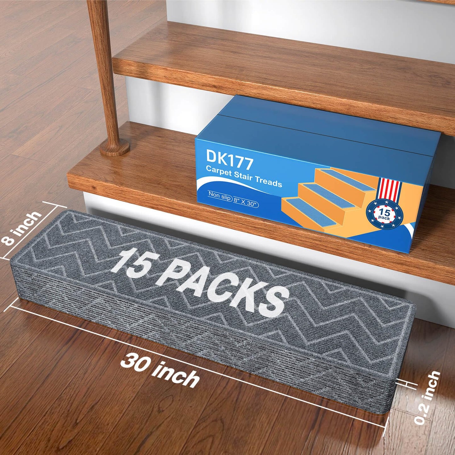 DK177 Stair Treads for Wooden Steps, 15 Pack 8"x30" Non-Slip Indoor Carpet Stair Treads with Reusable Polyester TPE Backing for Kids Elders and Pets (Dark Gray, 15PCS)