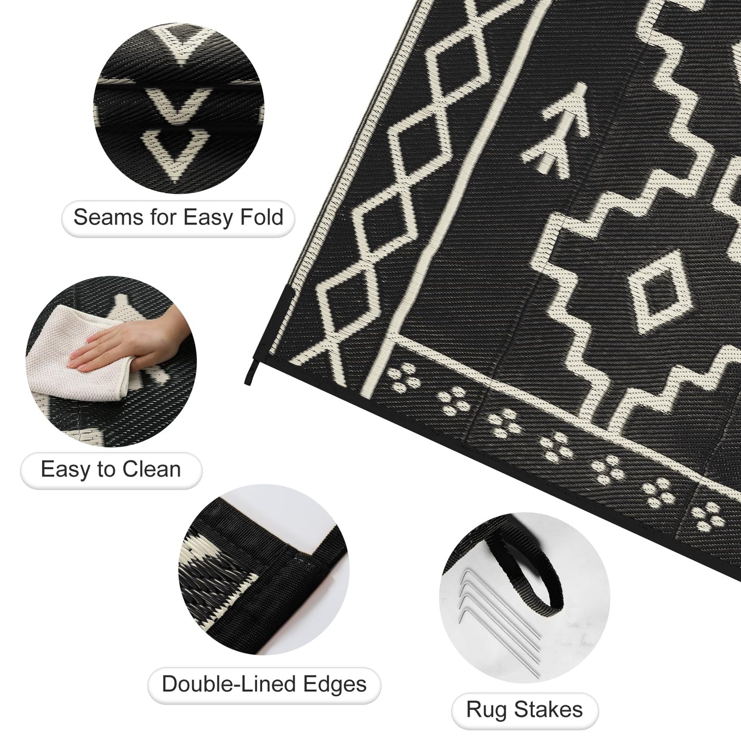 Uphome Outdoor Rug Mat Waterproof 5x8 ft, Reversible Outdoor Plastic Straw Rug, Black Boho Patio Rug, Foldable RV Camping Rug, Indoor Outdoor Area Rug for Backyard Deck Pool Balcony Picnic, 5'x8'
