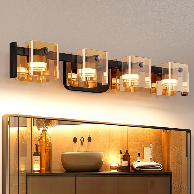 JACKYLED Bathroom Light Fixture, Modern 4-Light Vanity Lights with Art Glass Shades, 3 Color Temperatures LED Bathroom Lighting Fixture Over Mirror, 20W 1200 Lumen 30° Adjustable, Amber Glass