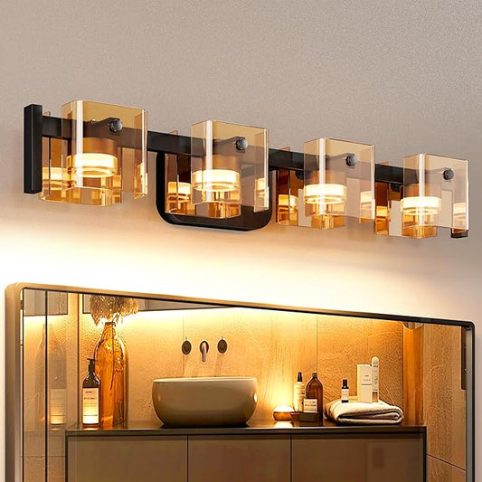 JACKYLED Bathroom Light Fixture, Modern 4-Light Vanity Lights with Art Glass Shades, 3 Color Temperatures LED Bathroom Lighting Fixture Over Mirror, 20W 1200 Lumen 30° Adjustable, Amber Glass