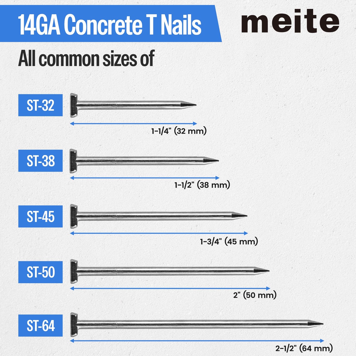 meite 14 Gauge Concrete Nails 2 Inch Leg T-Nails for Concrete Nailer Gun, Galvanized Glue-collated Steel T Nails for Furring Strips Decking Truss Building, 400PCS/Box