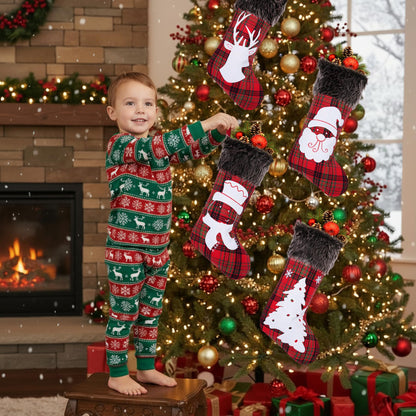 Mostop 4 Pack Christmas Stockings, Large Buffalo Plaid Faux Fur Xmas Stockings Santa Snowman Reindeer Pattern Stockings for Xmas Family Home Decoration