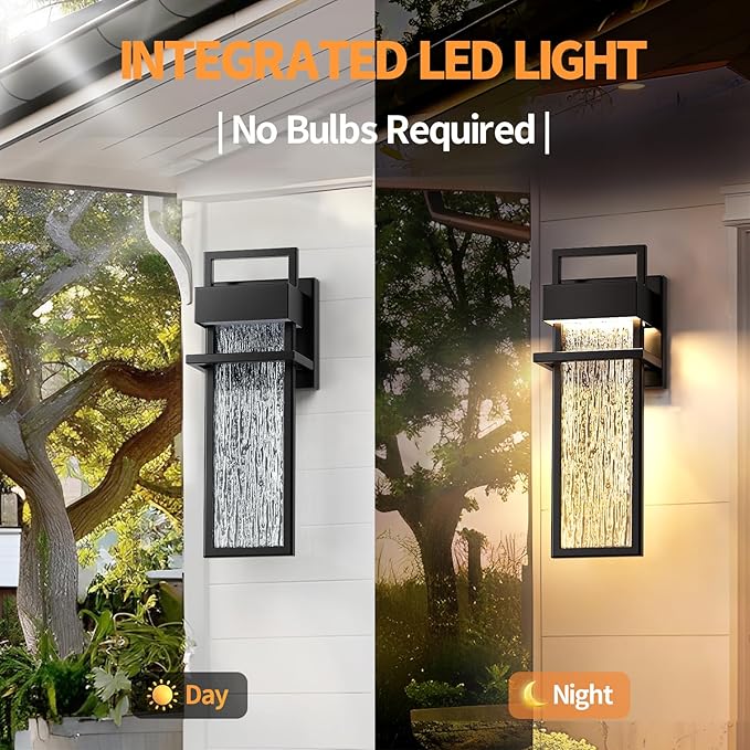 15'' Outdoor Wall Lights 2 Packs, Modern Porch Light 3000K Integrated LED Outdoor Sconce, Exterior Lighting Fixtures with Rippled Glass, Waterproof Outside Lights for House Garage Patio, Black