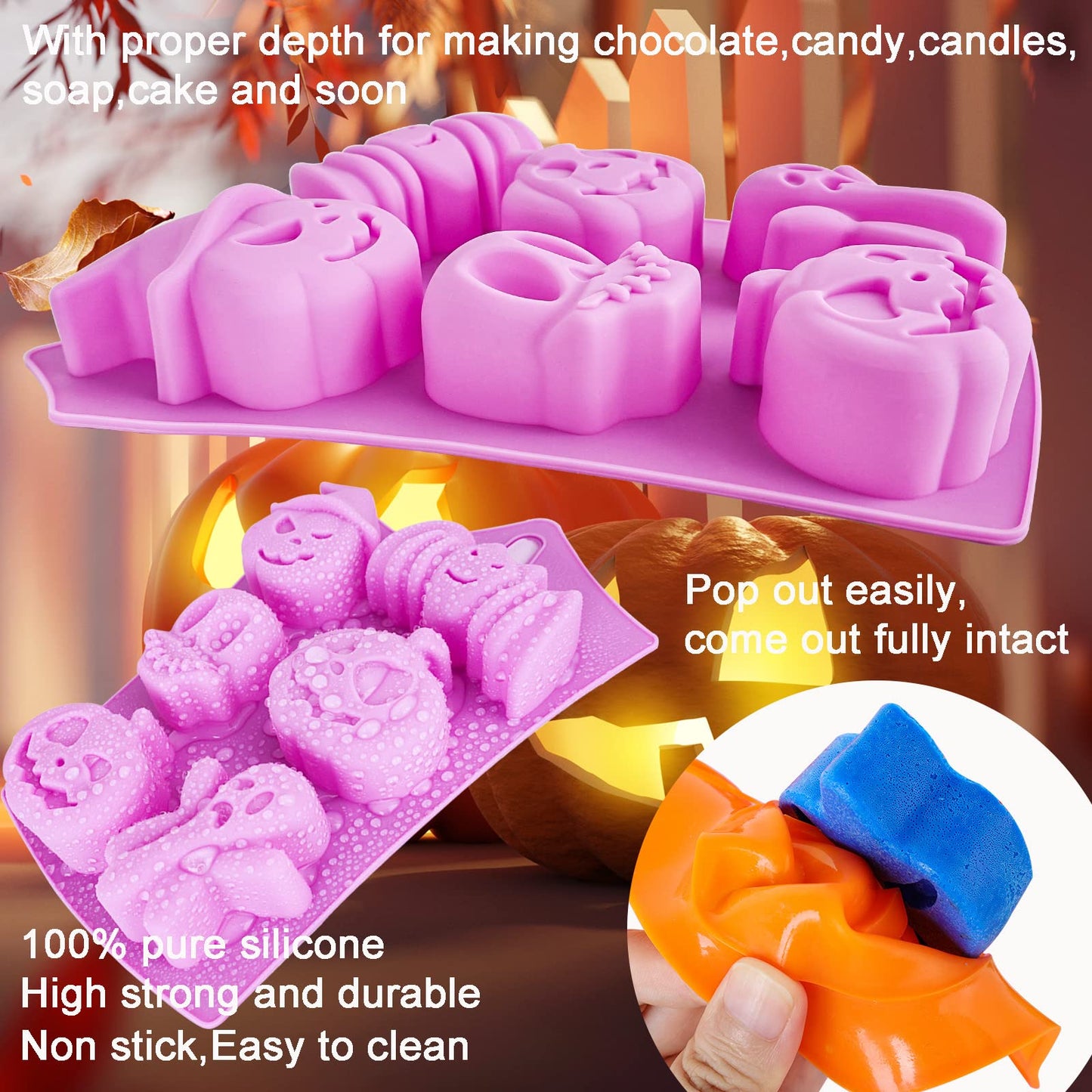 Halloween Silicone Chocolate Molds 5PCS Pumpkin Bat Skull Ghost Spider Shape Baking Molds Large Medium Small Cavity for Chocolate Jelly Soap Fondant Candy Candles Pastry Gummies Cake Decorating