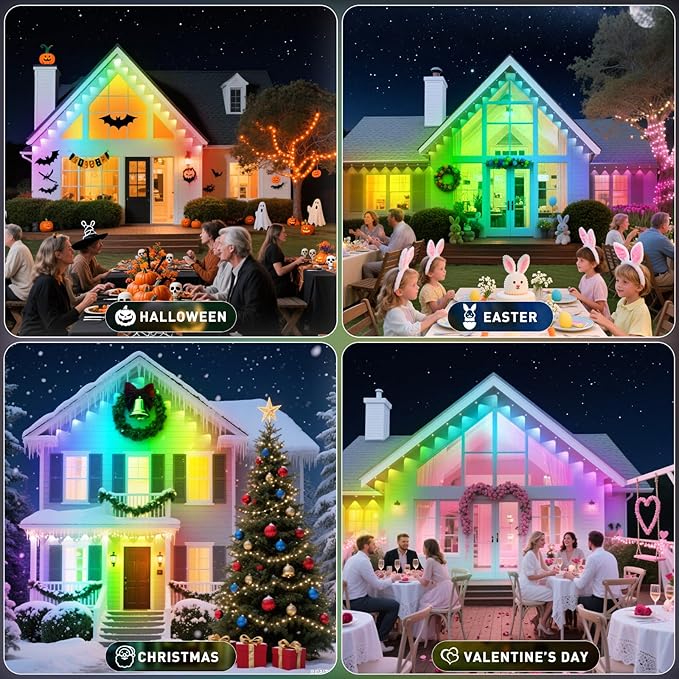 150FT Permanent Outdoor Lights,for House Roof, Christmas, Holiday, Party, Daily Lighting, IP67 Waterproof,RGB Eaves Lights with Multi Scene Modes for Halloween