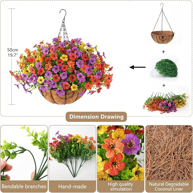 Artificial Faux Hanging Plants Flowers Basket for Spring Summer Outdoor Decoration, Fake Silk Daisy in Planter Realistic UV Resistant Look Real for Porch Home Patio Balcony Yard(Multicolor)