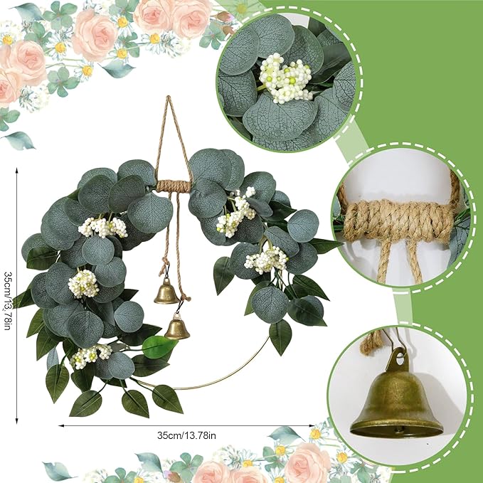 15'' Eucalyptus Wreath for Front Door Artificial Greenery Outdoor Wreath with White Berry Spring Summer Wreaths for Farmhouse Front Porch Window Porch Hanging Wall Party Wedding Decor