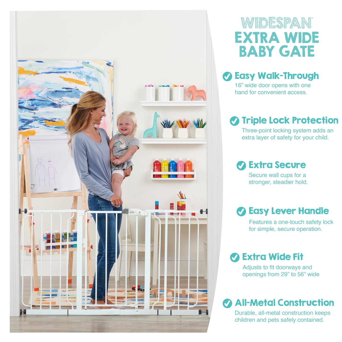 Regalo Safety 29-56" Extra Wide Baby Gate for Doorways & Bottom of Stairs, Pressure Mounted Baby Gate with Door for Babies, Toddlers & Pets, Tested & Safe for 30 Years, American Designed and Owned