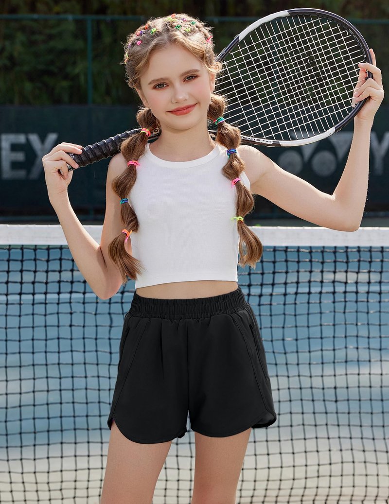 Zaclotre Girls Athletic Shorts with Zipper Pockets High Waisted Running Shorts Soccer Gym Sports Active Short for Kids Black