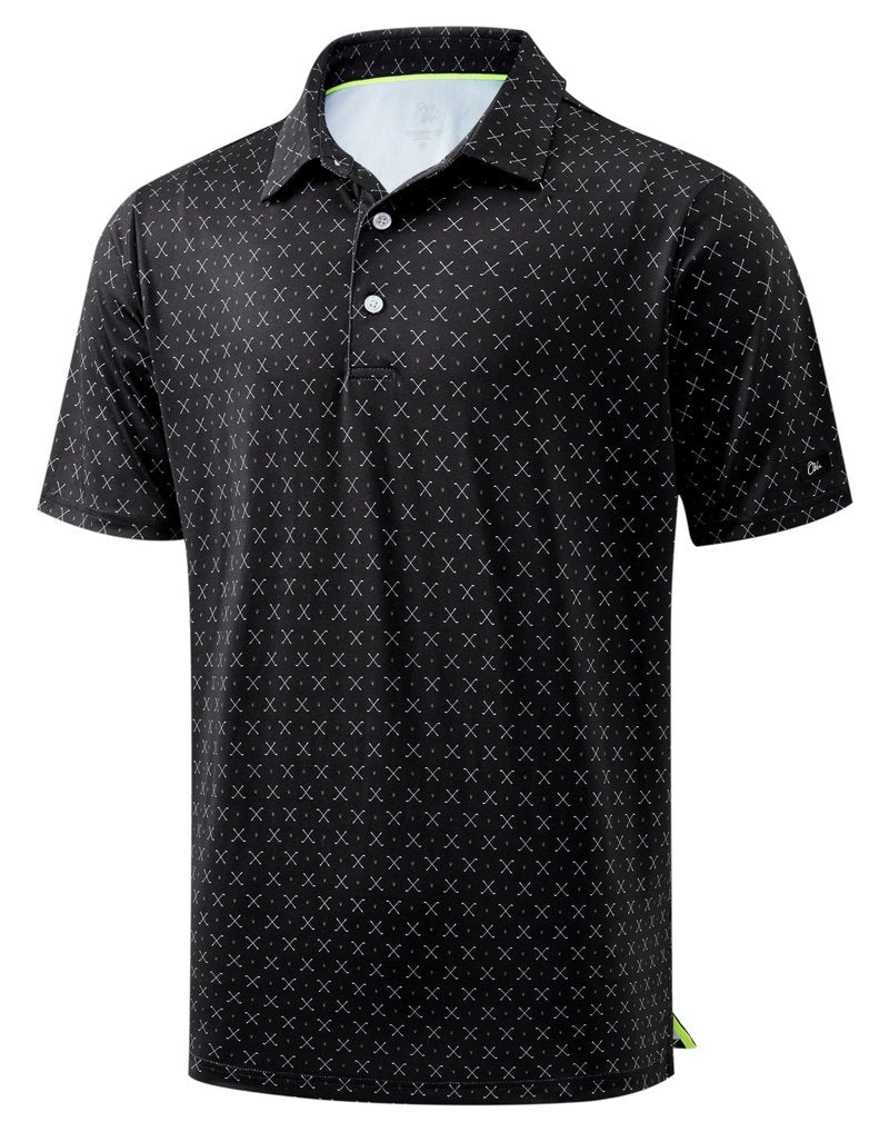 Obla Mens Golf Polo Shirts Short Sleeve Dry Fit Performance Moisture Wicking Casual Print Collared Golf Shirts for Men (Black Golf Clubs_XXXL)