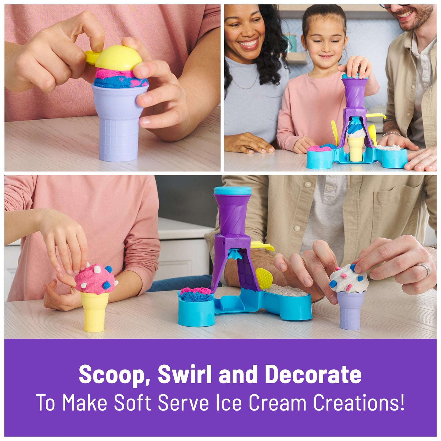 Kinetic Sand, Soft Serve Station with 396g of Play Sand (Blue, Pink and White), 2 Ice-Cream Cones and 2 Tools, Sensory Toys for Kids Aged 5 and up
