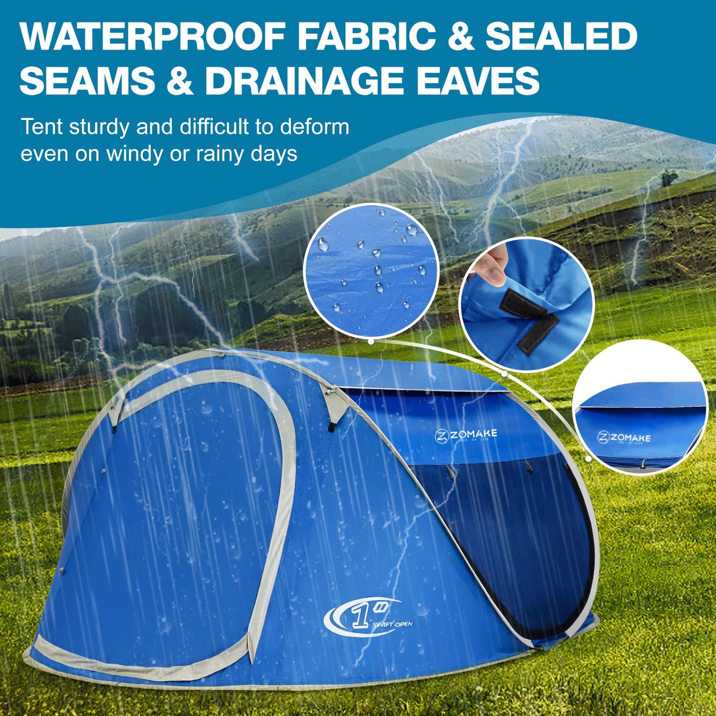 Easy Pop Up Tent 4 Person Waterproof - Pop-Up Camping Tents Automatic Tent Throw Pop Up Instant Flip Pop Tent for Camping,by ZOAMKE(Blue)