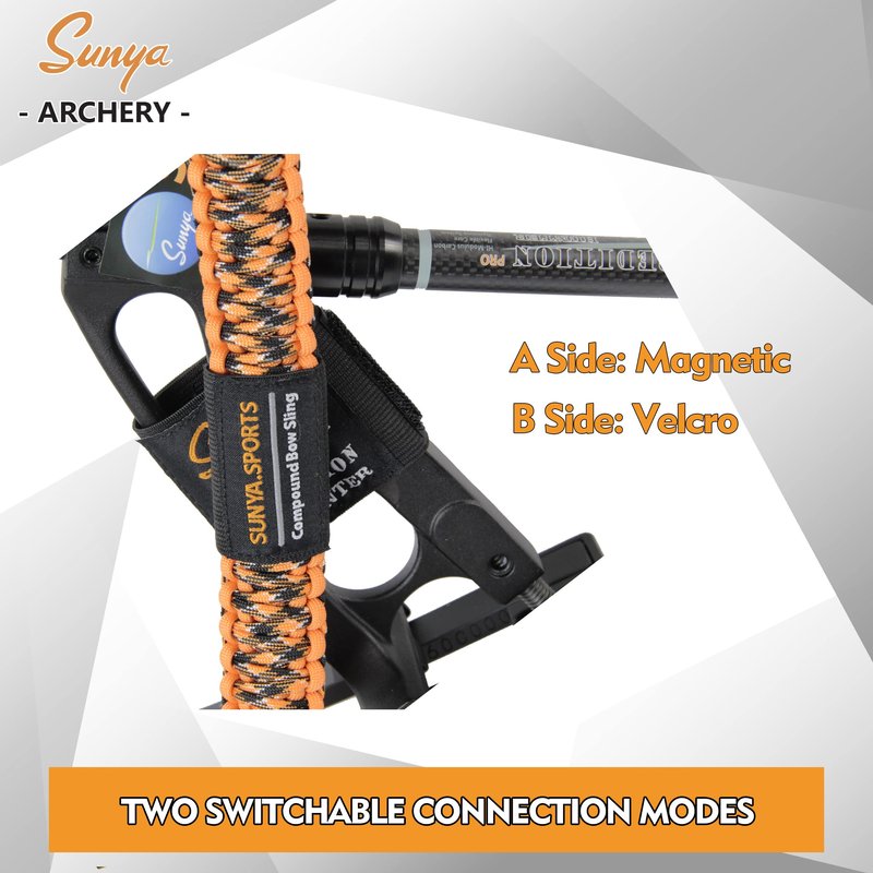Sunya Paracord Compound Bow Sling with V2 Upgraded Magnetic Connection System. Lightweight Hands Free Shoulder Carrying Sling for Bow Hunting, Field Archery and 3D (Orange Flame Camo)