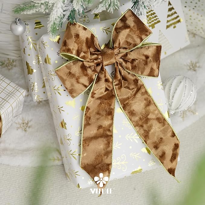 MEEDEE 2-1/2 inch Brown and Gold Velvet Ribbon 10 Yards Spool Two Tone Wired Ribbon for Christmas Tree, Gift Wrapping, Thanksgiving Wreaths, Fall Velvet Bow, Crafts Supply, Seasonal Decorations