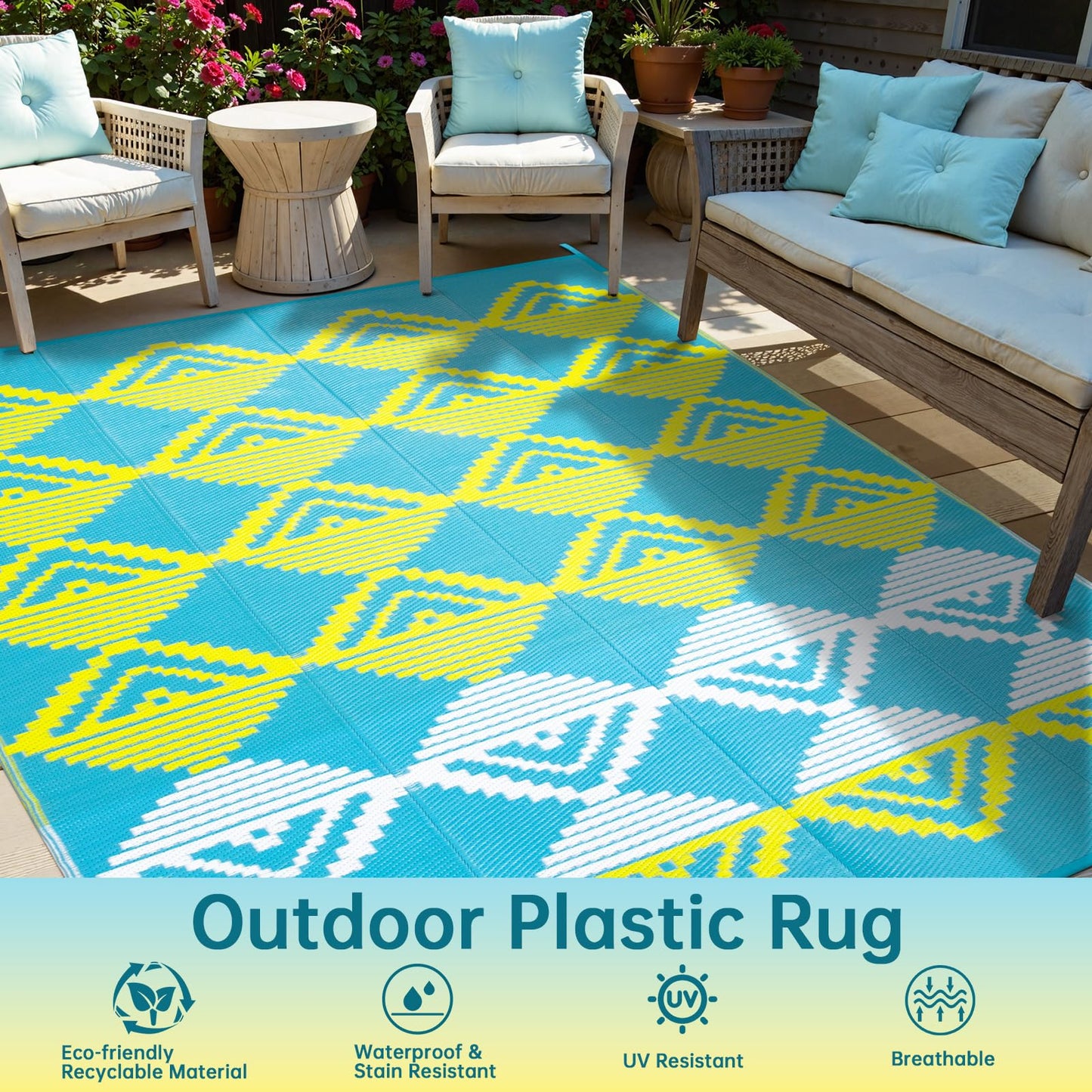 Beeiva Large Outdoor Rug 9x12 Waterproof for Patio, Reversible Outdoor Patio Rug for Backyard, Deck, Blue Yellow