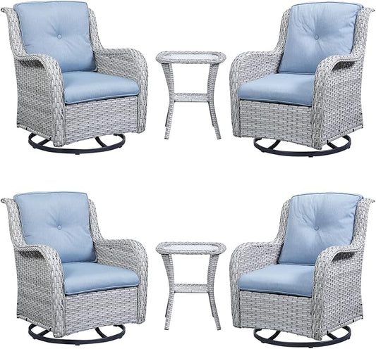 Rilyson Wicker Rocking Chair Swivel Chairs – 6 Piece Rocker Patio Furniture Set Rattan Rocking Bistro Sets with Glass Top Side Table for Outdoor Porch Deck Garden Backyard(Light Grey/Sky Blue)