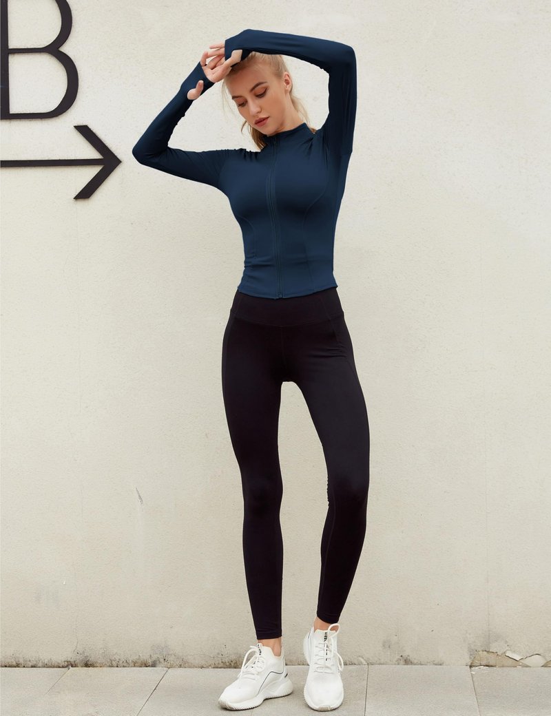 Lviefent Womens Lightweight Full Zip Running Track Jacket Workout Slim Fit Yoga Sportwear with Thumb Holes (Navy, Medium)