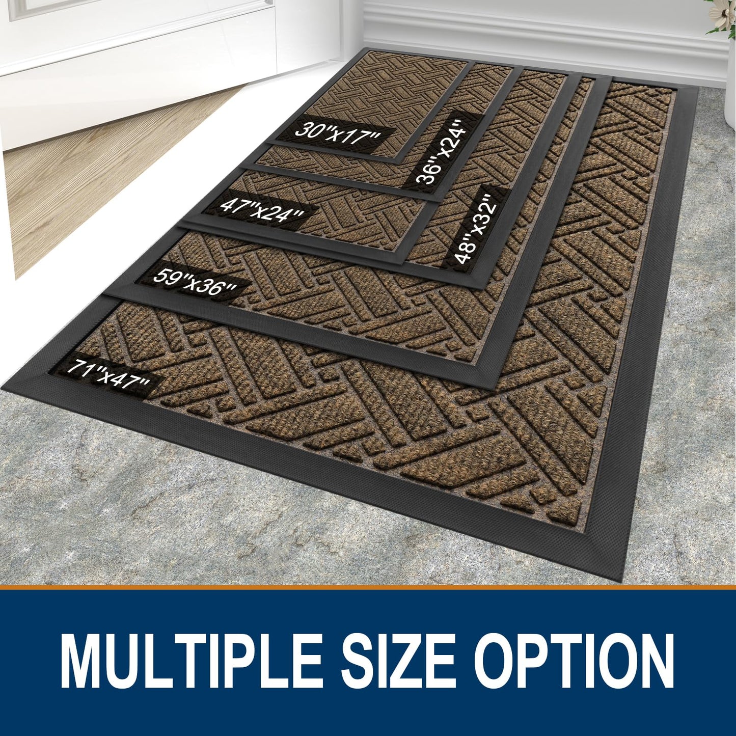 OLANLY Indoor Outdoor Mat, Sturdy Natural Rubber Floor Mat, Non Slip Low Profile Waterproof Doormat, and Stain Front Door Mats, Easy Clean Patio Entrance Mat, 48''x32'', Brown
